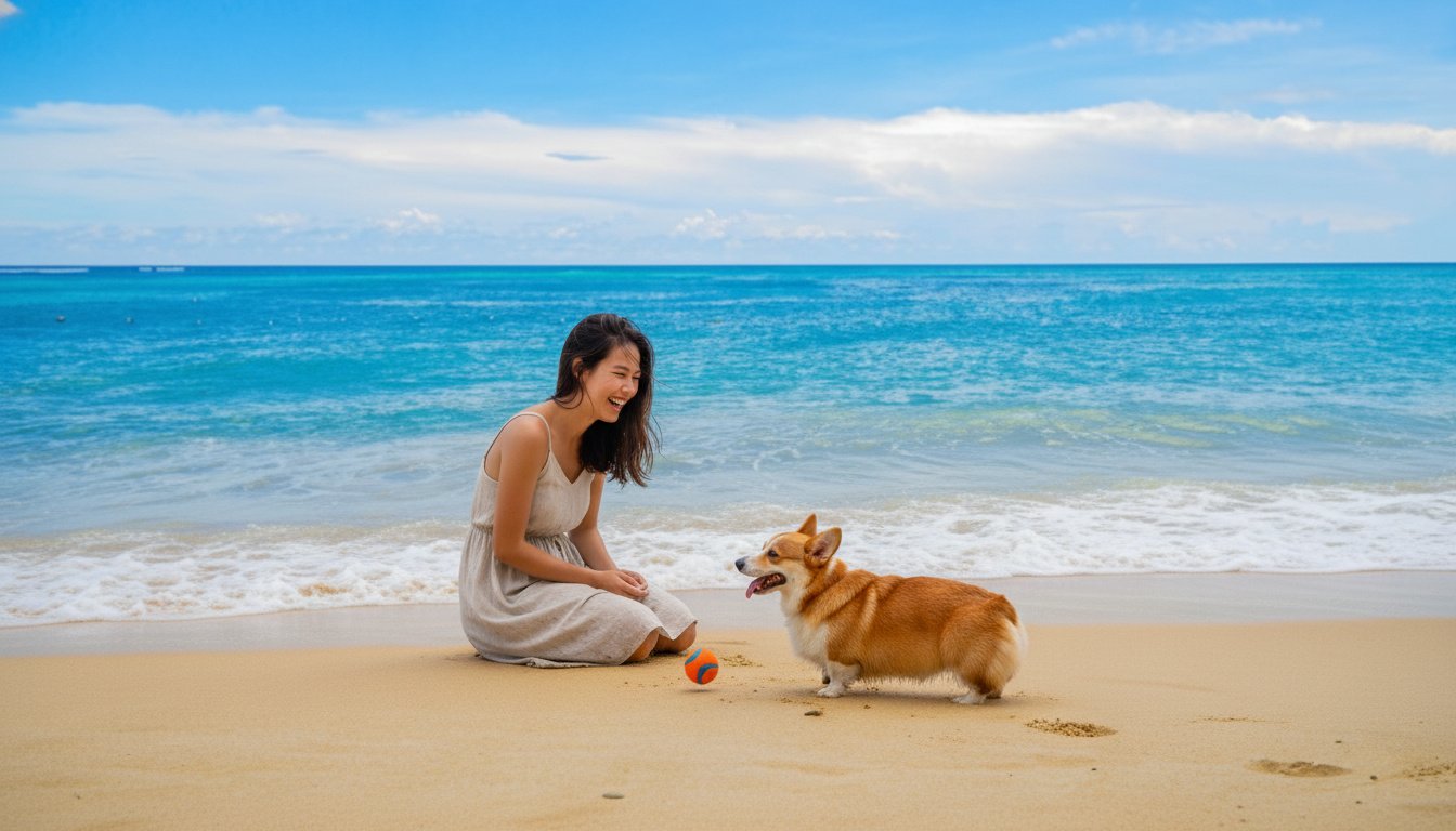 Resultado da composição: mulher brincando com cachorro golden retriever na praia